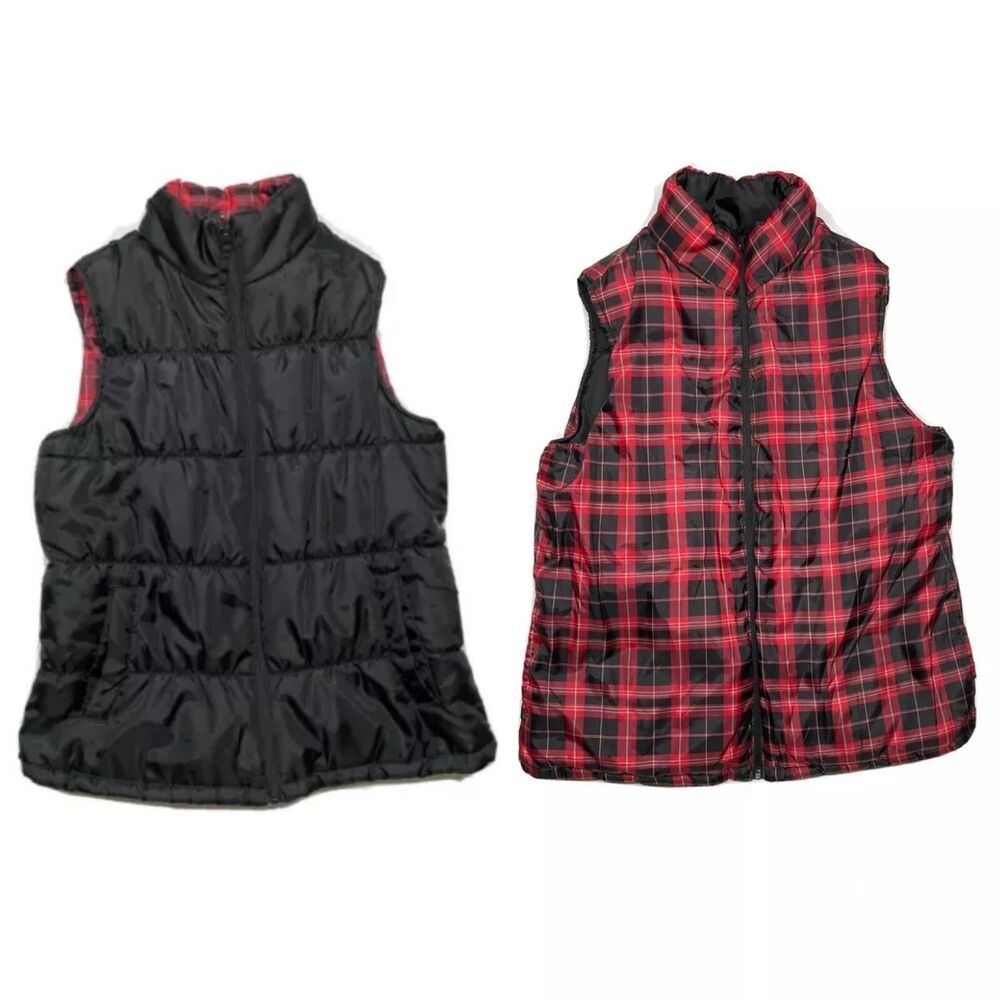 Merona Women's Reversible Vest Jacket Size L Coat Plaid Checks  Black Red Zip